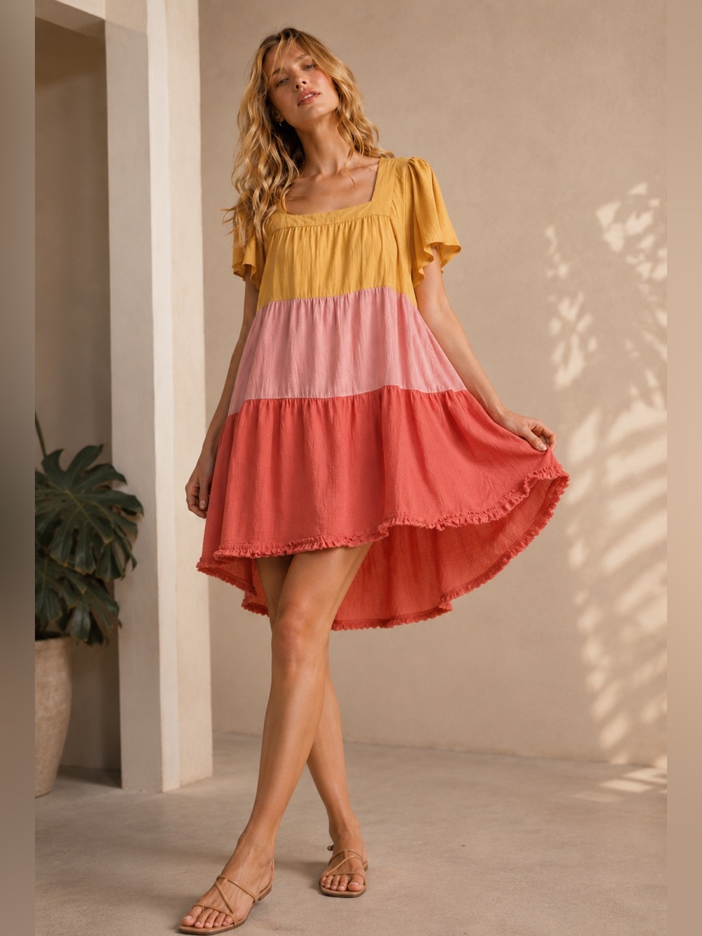 Umgee Colorblock Linen Dress Boho Mustard Pink Coral Tiered Mini S
